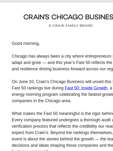 crainliveevents newsletter: Join me at Crain’s Fast 50: Inside Growth on June ...