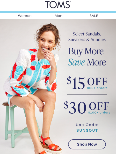 toms newsletter: Take up to $30 Off Sandals that POP