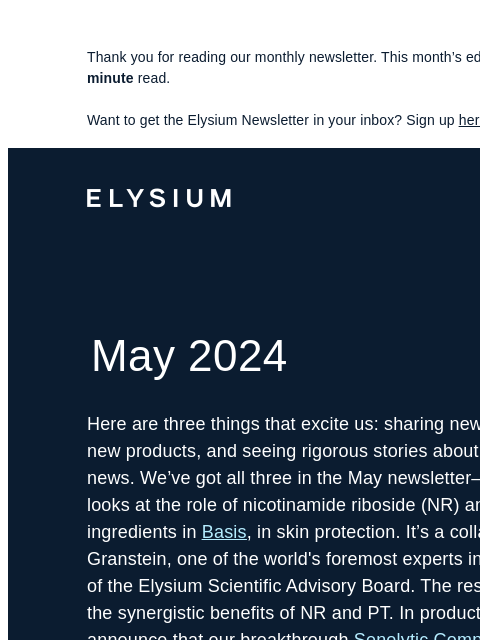 Plus, our new skin study, an exclusive Elysium ballcap, and more. Thank you for reading our monthly newsletter. This month's edition is 1133 words, about a 4-minute read. Want to get the Elysium