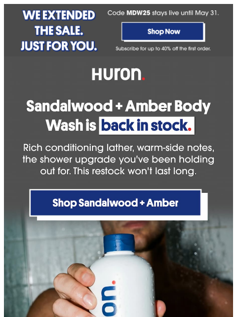 usehuron newsletter: Back in stock: Sandalwood + Amber Body Wash