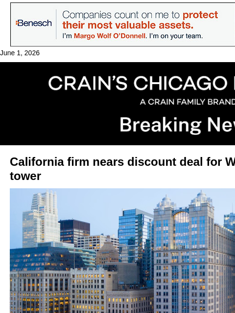 crainalerts newsletter: Wacker Drive office poised to sell at big discount