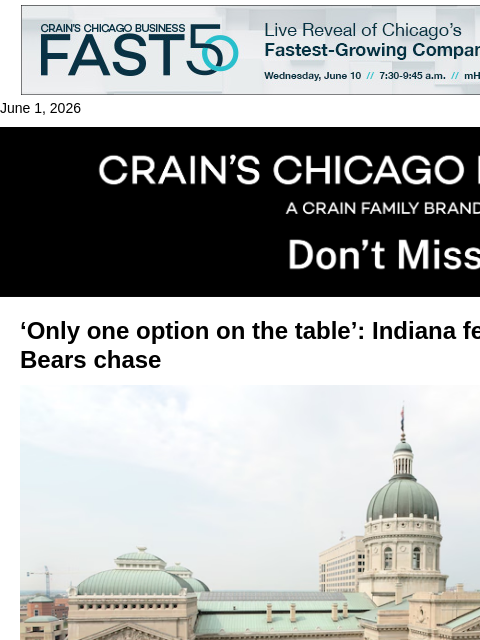 crainalerts newsletter: What's next in Bears stadium scuffle?