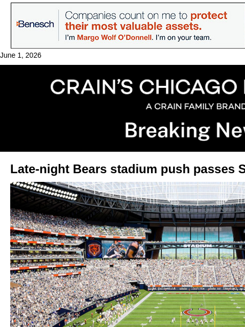 crainalerts newsletter: Bears stadium deal stalls out in Springfield