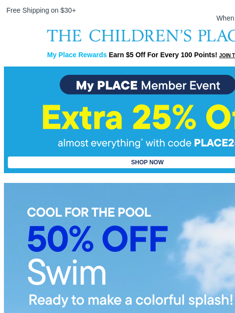 childrensplace newsletter: Bright Splashes Ahead! 50% OFF Swim