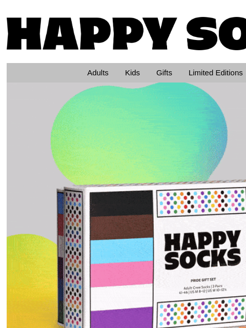 Our Pride collection features all the colorful rainbow prints you'll ever need! It's time to walk with pride! Happy Socks logo Happy Socks logo Adults Kids Gifts Limited Editions Sale 3-Pack