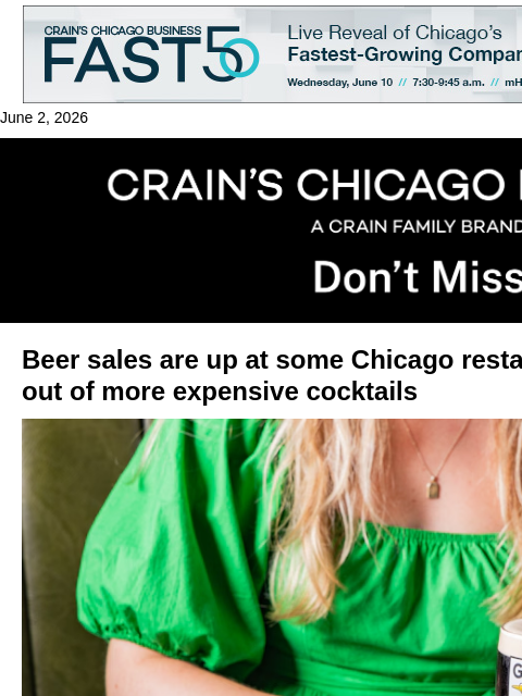 crainalerts newsletter: Why beer sales are up at some restaurants