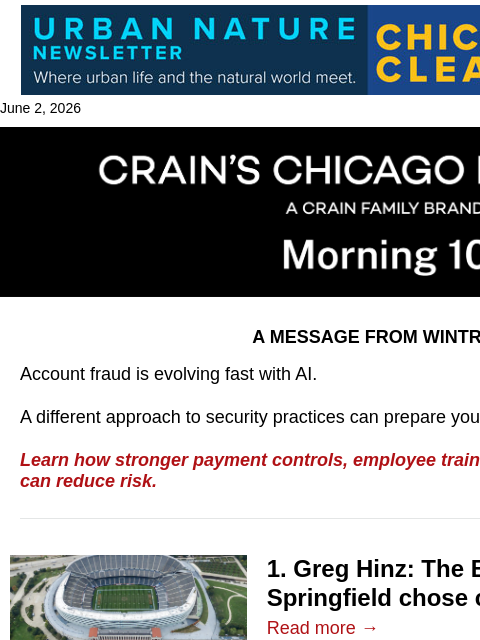 crainalerts newsletter: Illinois lawmakers punt on Bears stadium: Hinz