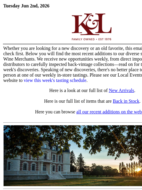 klwines newsletter: The Latest from K&L: New Adds and Back In Stock