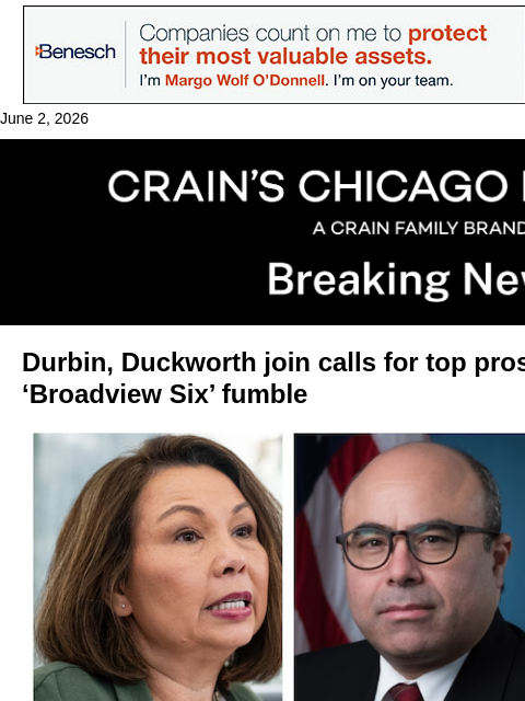 crainalerts newsletter: Durbin and Duckworth call on top prosecutor to res...