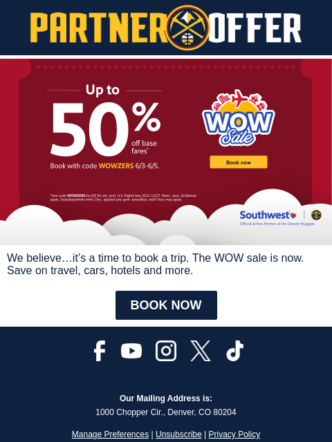 Score deals on travel, cruises, cars and more. We believe…it's a time to book a trip. The WOW sale is now. Save on travel, cars, hotels and more. BOOK NOW Facebook YouTube Instagram X TikTok Our