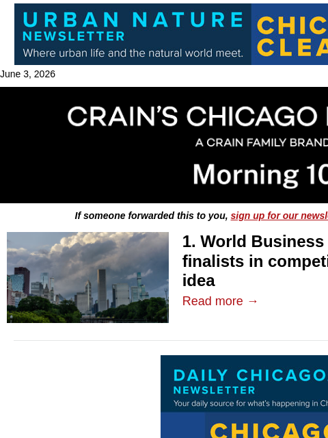crainalerts newsletter: World Business Chicago names 6 contest finalists