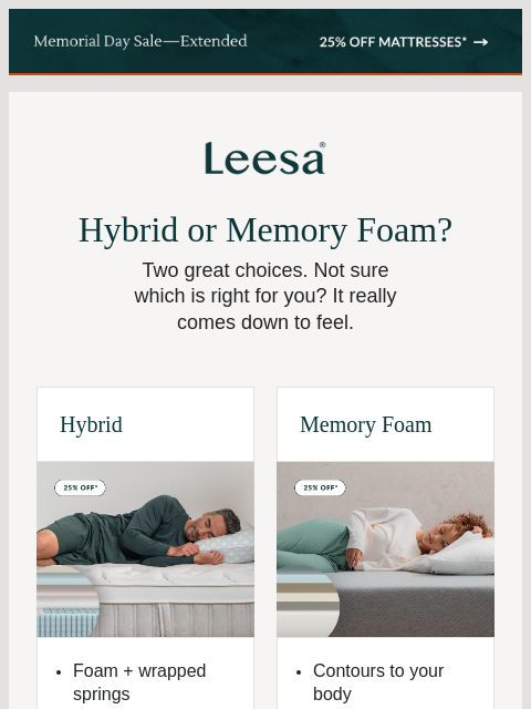 leesasleep newsletter: Hybrid or Memory Foam?