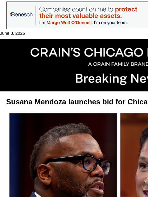 crainalerts newsletter: Susana Mendoza announces run for mayor