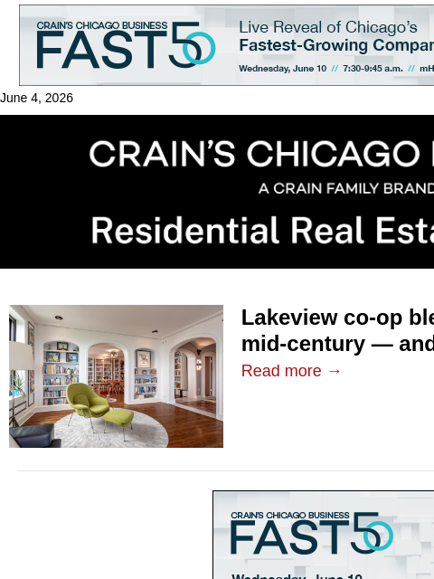 crainalerts newsletter: Stylish Lakeview co-op hits the market