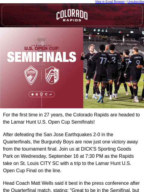thecoloradorapids newsletter: U.S Open Cup Semifinal Tickets On Sale!
