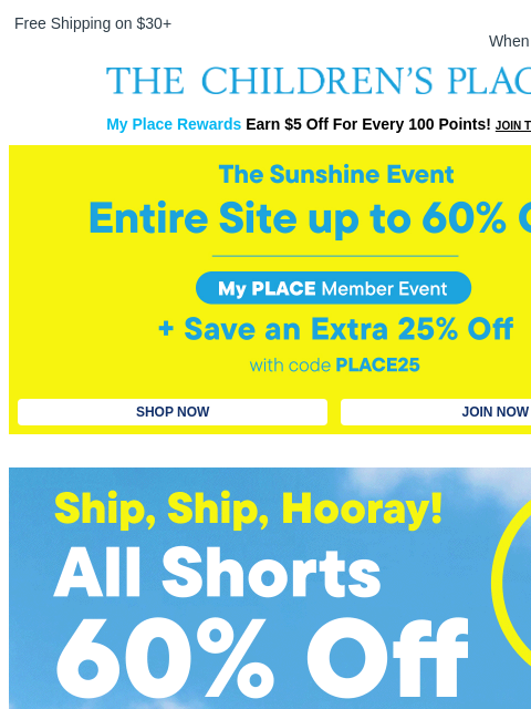 childrensplace newsletter: Just Dropped: 60% Off ALL Shorts...but not for LON...