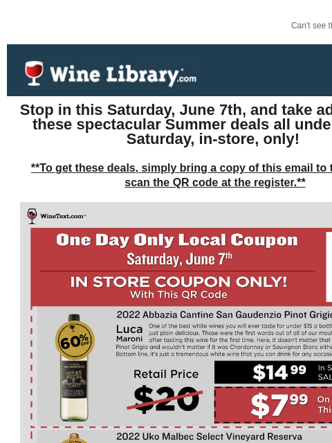 winelibrary newsletter: 1 Day Sale this Sat, Open House, special wine samp...