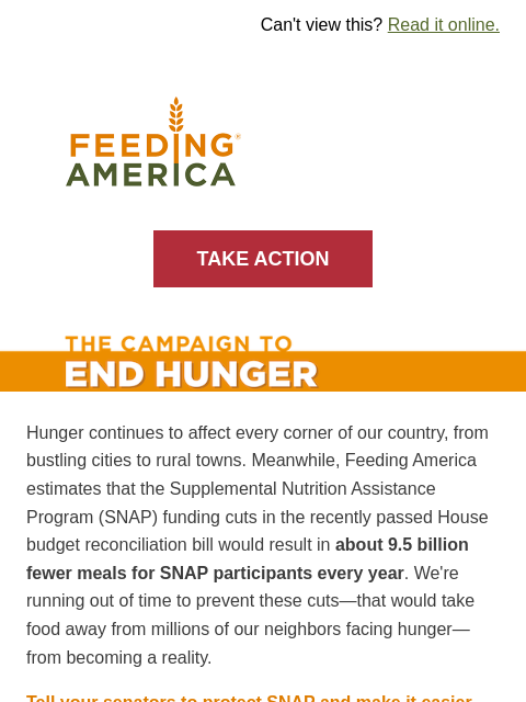 New data shows hunger remains widespread—and SNAP is vital. | Can't view this? Read it online. Feeding America. TAKE ACTION Campaign to End Hunger. Hunger continues to affect every corner of our