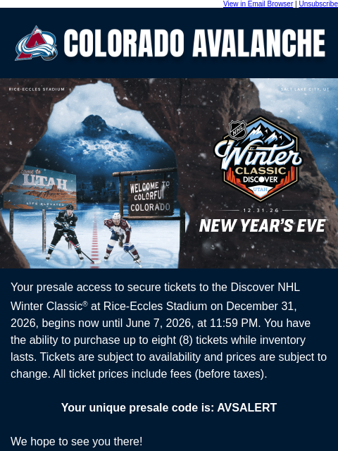 thecoloradoavalanche newsletter: Discover NHL Winter Classic® Presale Starts Now