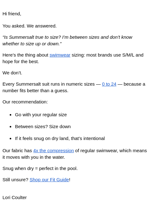 summersalt newsletter: Should You Size Up or Down?