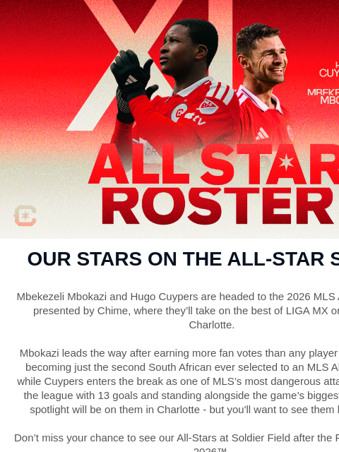 chicagofirefc newsletter: Mbokazi & Cuypers Named to 2026 MLS All-Star Team!