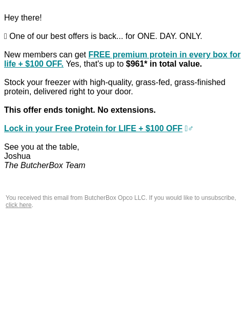 butcherbox newsletter: Today only! $100 OFF + Protein for LIFE 🤯