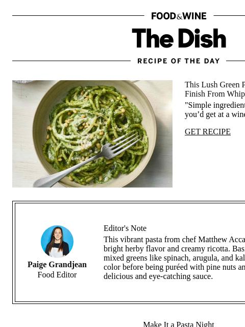 foodandwine newsletter: Green Pesto Pasta