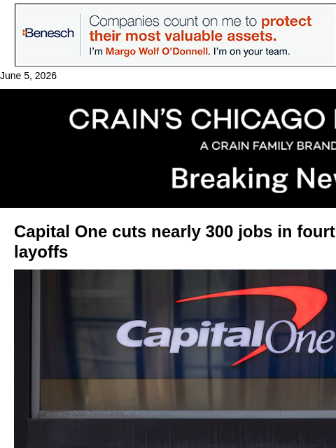 crainalerts newsletter: Capital One cuts hundreds more Discover jobs