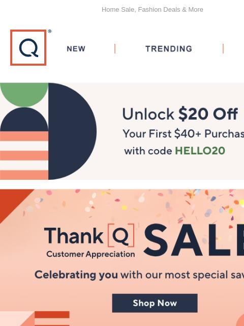 Home Sale, Fashion Deals & More QVC New TRENDING DEALS Unlock $20 off Your First Purchase Outdoor Entertaining Outdoor Entertaining Buy Now Buy Now fashion Food Sale Picked Just for You Mally