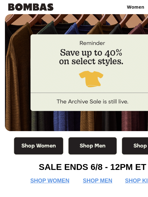 bombas newsletter: 🚨 Reminder: Up to 40% Off Select Styles