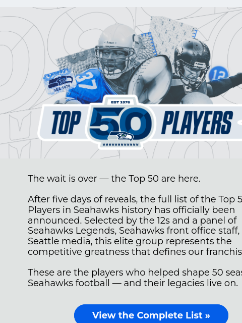 See the full list of Top 50 Players and get details on our 50th Season Celebration Game. View in Browser The wait is over — the Top 50 are here. After five days of reveals, the full list of the Top 50