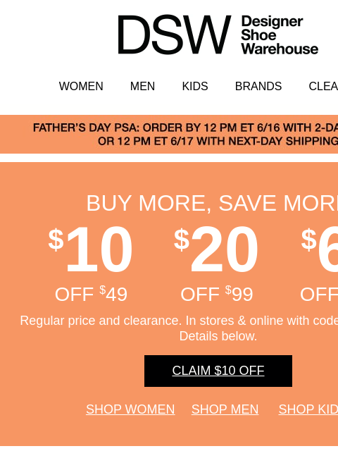 dsw newsletter: ENDS TONIGHT: $10 OFF 🚨
