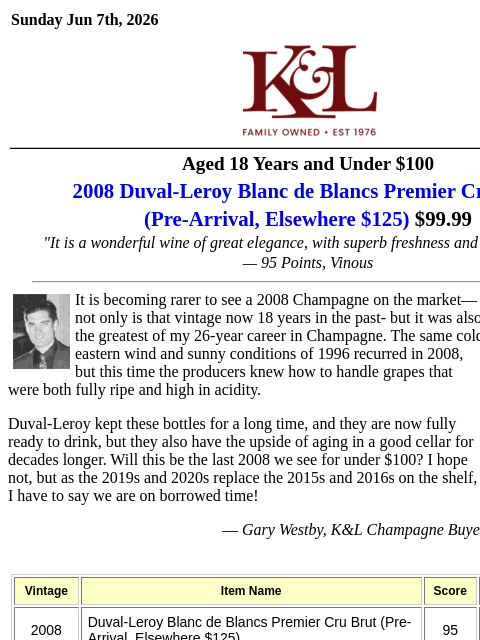 klwines newsletter: V95: 2008 Blanc du Blancs "Of Great Elegance" and ...