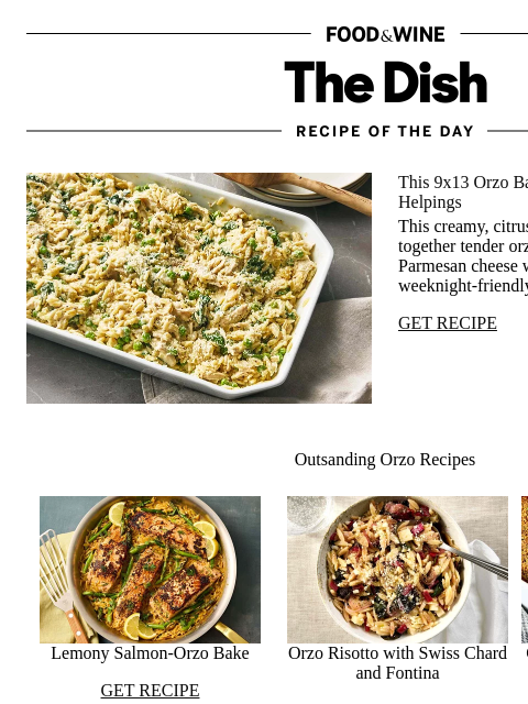 foodandwine newsletter: This 9x13 Orzo Bake Is Built for Second Helpings