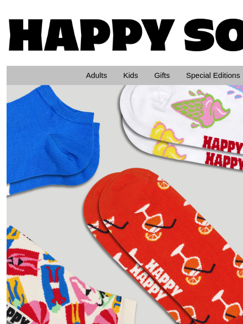 We've got the perfect socks for spring and summer. Check out our new low socks! HappySocks Adults Kids Gifts Special Editions Sale Cool socks for warm weather Our low socks and no-shows are perfect