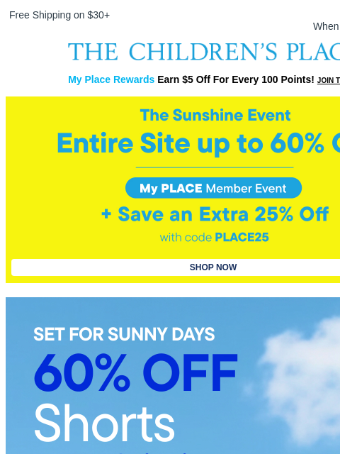 childrensplace newsletter: All Set for Shorts Season: 60% OFF