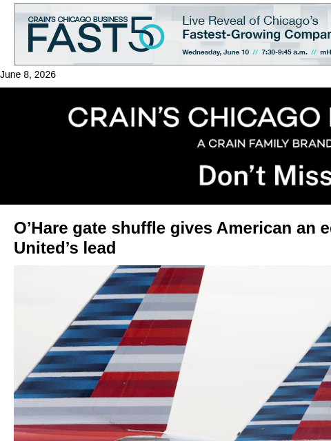 crainalerts newsletter: O’Hare gate shuffle gives American an edge