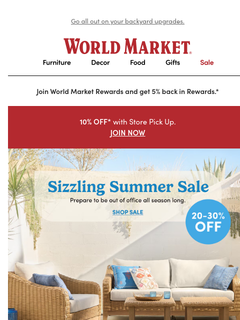 emailworldmarket newsletter: Up to 30% off select outdoor and MORE ⛱️