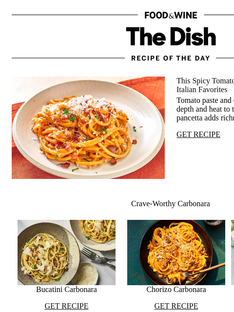 foodandwine newsletter: Spicy Tomato Carbonara