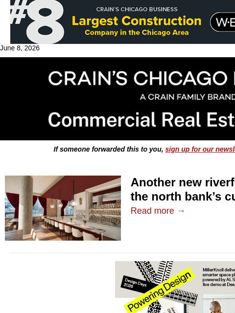 crainalerts newsletter: Chicago riverfront property gets a culinary refres...