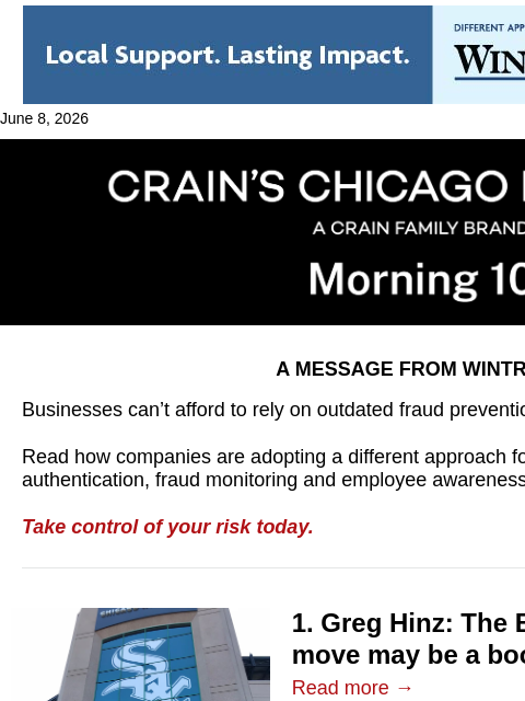 crainalerts newsletter: White Sox poised to gain if Bears exit