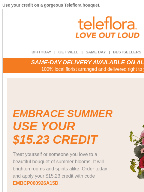 teleflora newsletter: Re: Your [$15.23] Credit