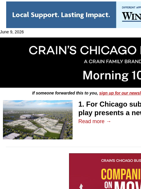 crainalerts newsletter: Chicago suburbs grapple with Bears limbo