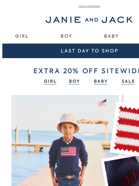 janieandjack newsletter: Ends (very) soon: extra 20% off sitewide