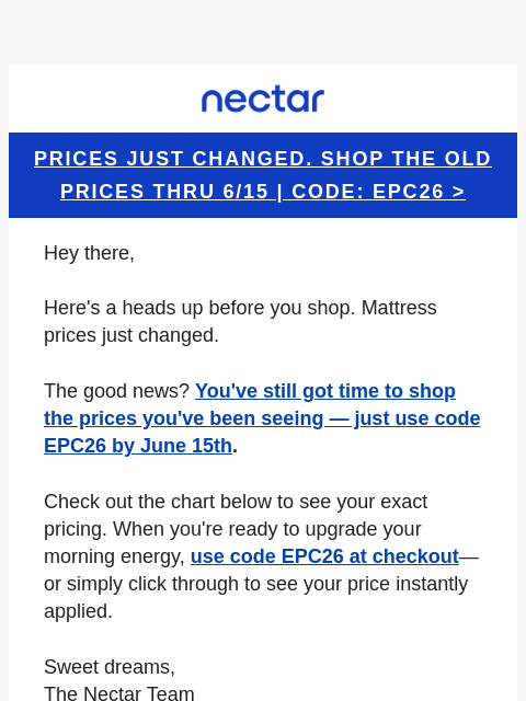 nectarsleep newsletter: Psst...prices just changed. (But we saved your old...