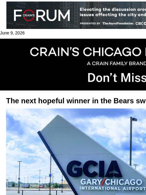 crainalerts newsletter: Bears stadium in Indiana could lift Gary airport's...