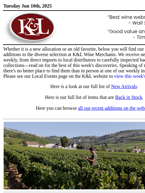 Our Newest Adds and Returning Favorites, All In One Place... Tuesday Jun 10th, 2025 View in Browser KL-emailheader.png Whether it is a new allocation or an old favorite, below you will find our most