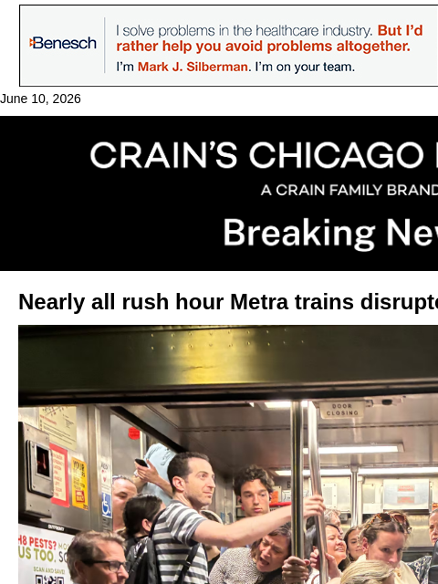 crainalerts newsletter: Nearly all Metra lines disrupted by storm