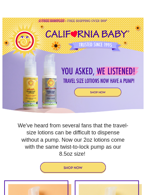 californiababy newsletter: Travel-Size Lotions - Now With A Pump!