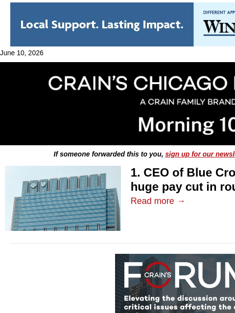 crainalerts newsletter: CEO of Blue Cross Illinois parent takes big pay cu...